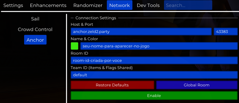 Tela de configuração do Anchor no Ship of Harkinian preenchida com o servidor anchor.zeld2.party